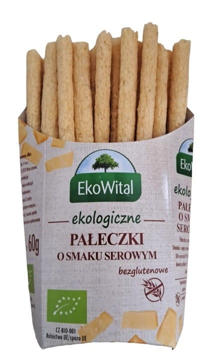 Bio Käsegeschmack Stäbchen von EKOWITAL, Gfree, 60 g, knusprige Snacks mit Käsearoma, in Packung sichtbar