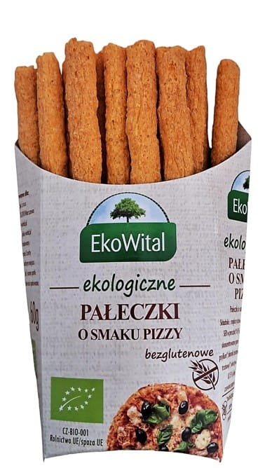 Knusprige Pizzastäbchen mit Geschmack GFree von EKOWITAL, Bio-Qualität, auf weißem Hintergrund, 60 g Packung