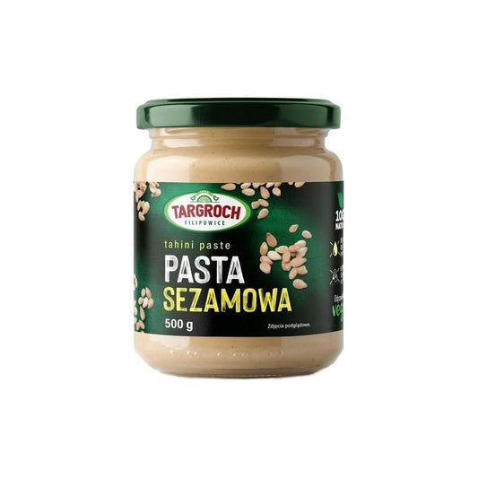 Sesampaste in einem Glasgefäß, 500 g, von TAR-GROCH-FIL, zeigt cremige, goldene Sesampaste in einem transparenten Glas.
