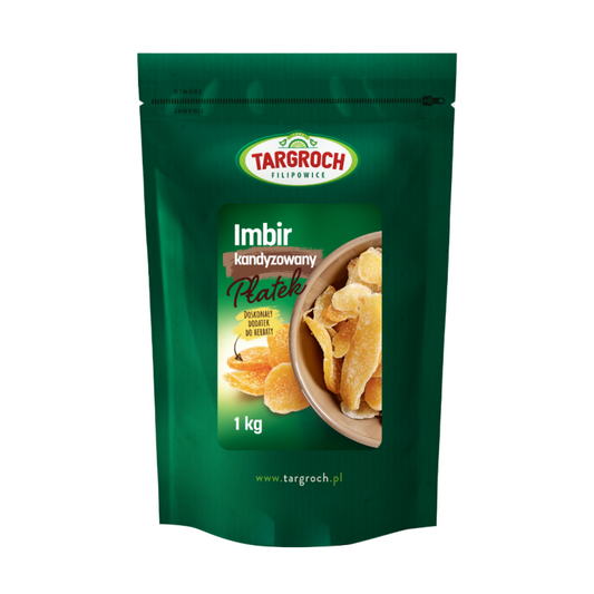 Kandierte Ingwerflocken von TAR-GROCH-FIL, 500 g, in einer offenen Schale, mit goldener Beschichtung und kandiertem Ingwer.