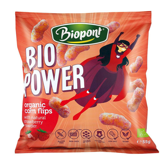 Glutenfreie Maisflocken mit Erdbeergeschmack von BIOPONT, 55 g, in einer Schüssel mit frischen Erdbeeren und Milch.
