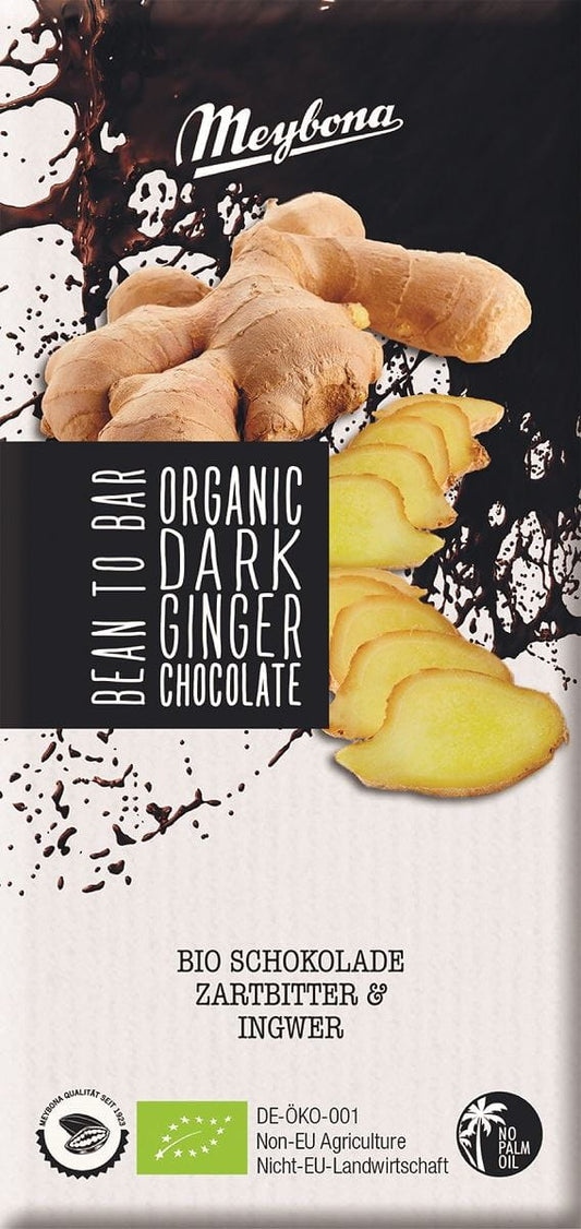 Dunkle Bio-Schokolade mit Ingwer von MEYBONA, 100 g, zeigt braune Schokoladentafel mit Ingwerstücken.