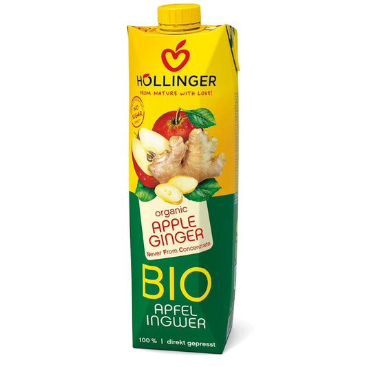 Bio Apfel-Ingwer-Saft von Höllinger in 1-Liter-Flasche, frisch und natürlich, mit Apfel- und Ingwergeschmack.