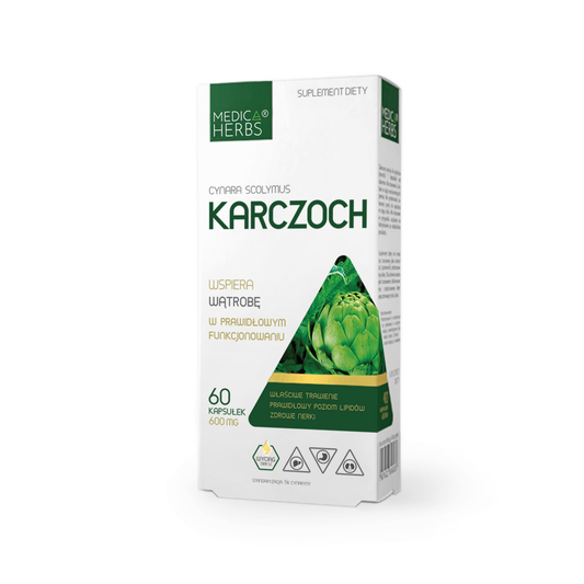 Medica Herbs Artischocke Kapseln, 600mg, 60 Stück, Nahaufnahme der grünen Kapseln in einer Packung.