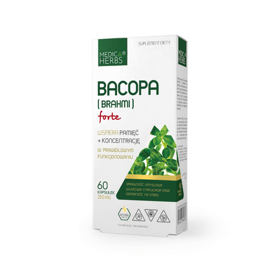 Medica Herbs Bacopa (Brahmi) Forte 250mg, 60 Kapseln, Packung mit grünen Kapseln und Produktbeschreibung auf der Verpackung