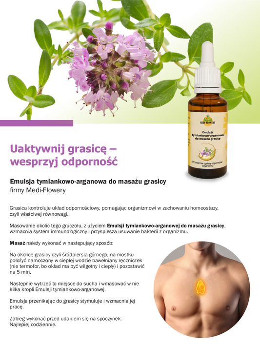 Thymian-Argan-Emulsion für die Thymusmassage in 30ml Flasche, MEDI-FLOWERY, mit natürlichen Inhaltsstoffen für entspannende Anwendungen