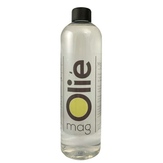 ZOKE Magnesium Olive Flasche 400 ml, zeigt die Flasche mit Magnesium-Öl, ideal für Muskeln und Entspannung, auf weißem Hintergrund