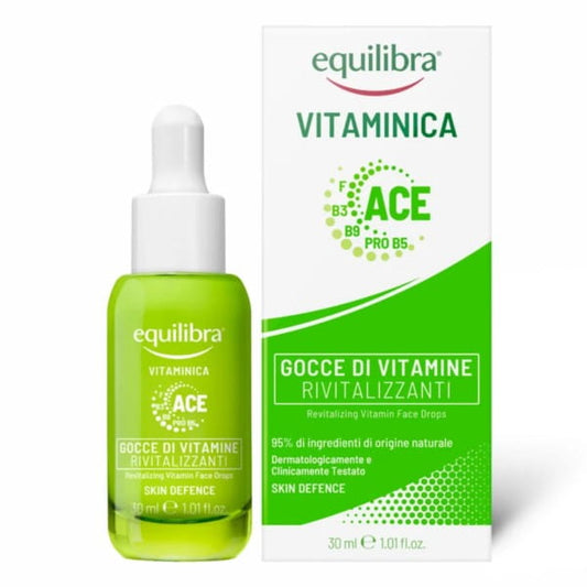 Revitalisierende Gesichtstropfen von EQUILIBRA in 30 ml Flasche, zeigt die Produktverpackung und die Anwendung auf der Haut.