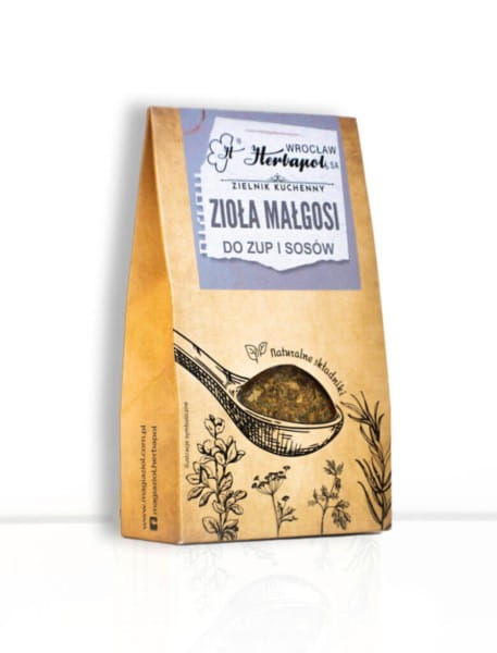 Bunte Kräuter Mischung von Herbapol Małgosia in 40 g Verpackung, ideal für Suppen und Saucen, mit frischen grünen Kräutern.