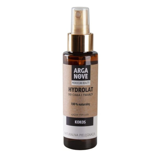 MAROKO Arganove Kokosnuss Hydrolat Spray in 100 ml Flasche, zeigt die klare Flüssigkeit und das sprühfähige Design.