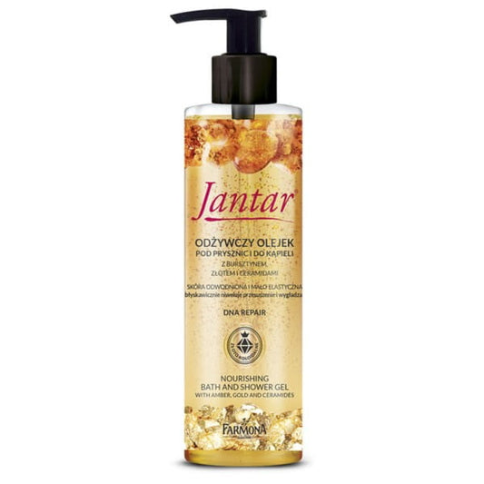 Pflegendes Jantar Duschöl von Farmona in einer 400 ml Flasche, zeigt die flüssige Textur und das elegante Design der Verpackung