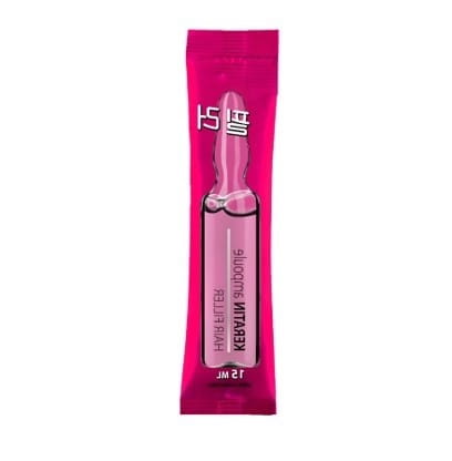 Haarfüller Ampulle mit Kreatin von UKRAIŃSKIE KOSMETYKI, 15 ml, zeigt die Anwendung und das Produkt in einer Flasche.