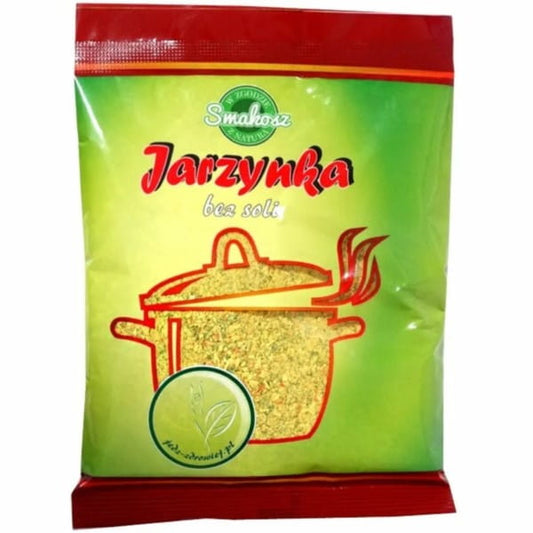 Frische, salzfreie Gemüse-Jarwina von SMAKOSZ in 100g Verpackung, zeigt bunte, knackige Gemüsestücke in einem transparenten Beutel
