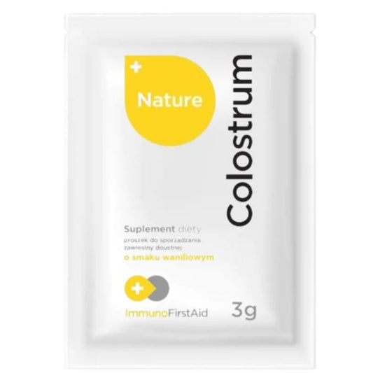 Kolostrum Natur Pulver 3 g von COLOSTRUM, Nahaufnahme der weißen Pulvertüte mit Produktbeschreibung.
