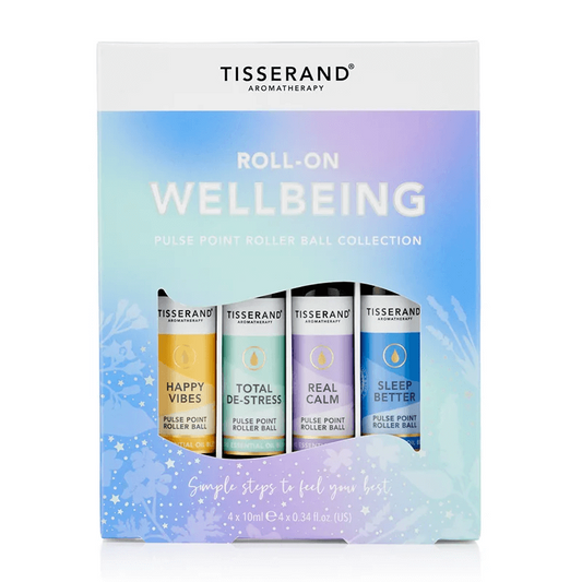 Roll-on Wellbeing Set mit ätherischen Ölen von Tisserand Aromatherapy, 4 x 10 ml für Stimmungsaufhellung.