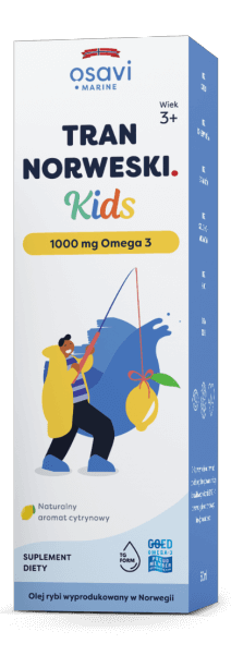 Norwegischer Osavi Omega 3 Trank für Kinder, Zitronengeschmack, 50 ml Flasche mit gelbem Etikett und kindersicherem Verschluss