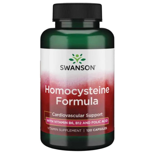 Homocystein-Formel von SWANSON HEALTH PRODUCTS in 120 Kapseln, zeigt die Verpackung und Kapseln auf weißem Hintergrund.