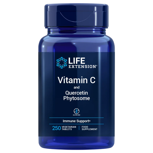 Vitamin C und Quercetin Phytosom von Life Extension, 250 Tabletten, zeigt die Verpackung und Tabletten in einer Dose