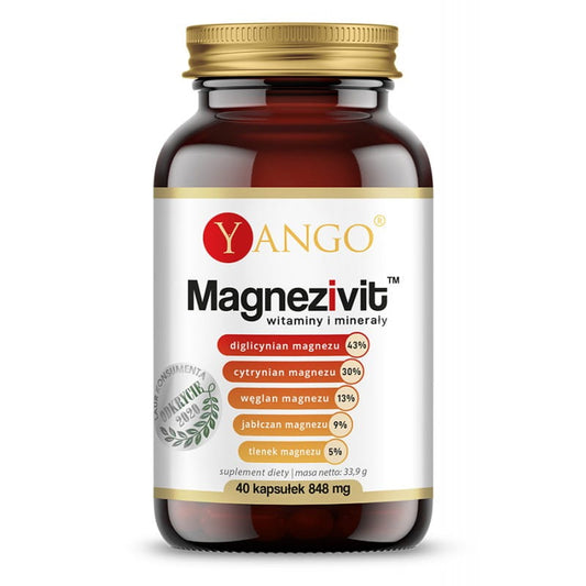 YANGO Magnezivit Vitamine und Mineralien, 40 Kapseln, Nahaufnahme der Verpackung mit Kapseln auf weißem Hintergrund