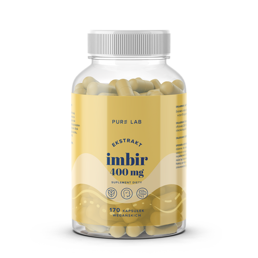 Gelbe Kapseln des PURE LAB Ingwer-Extrakts 400 mg, 170 Stück, naturbelassene Ingwer-Extrakt-Kapseln von Pure Lab