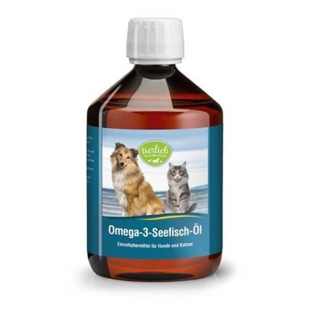 Omega 3 Öl für Hunde und Katzen von Tierlieb in einer 500 ml Flasche, enthält Fischöl für gesunde Haut und Fell.