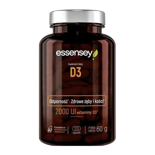 Essensey Vitamin D3 120 Kapseln, Nahaufnahme der Verpackung und Kapseln, gesundheitsförderndes Nahrungsergänzungsmittel