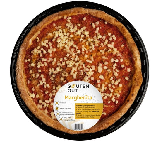 Ganze glutenfreie Margherita Pizza von GLUTEN OUT, mit Tomatensauce, Käse und frischem Basilikum auf knusprigem Teig
