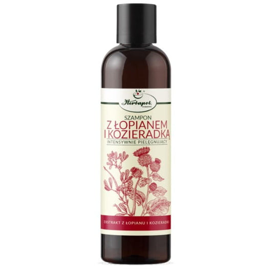 Herbapol Shampoo mit Klette und Bockshornklee, 250 ml, zeigt die Flasche mit natürlichen Inhaltsstoffen für gesundes Haar