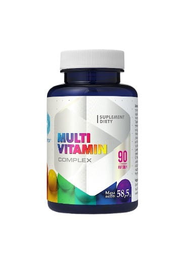 Hepatica Multivitamin-Komplex in 90 Kapseln, zeigt die Verpackung mit bunten Kapseln und Label des Nahrungsergänzungsmittels