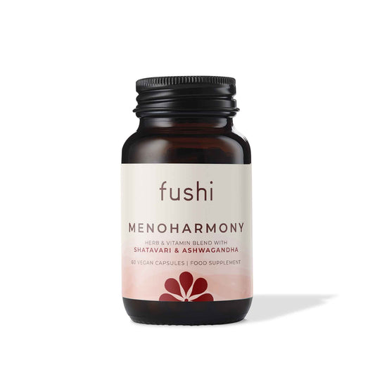Fushi Meno Harmony Kapseln, 60 Stück, zeigt die Verpackung mit den natürlichen Inhaltsstoffen für hormonelles Gleichgewicht.