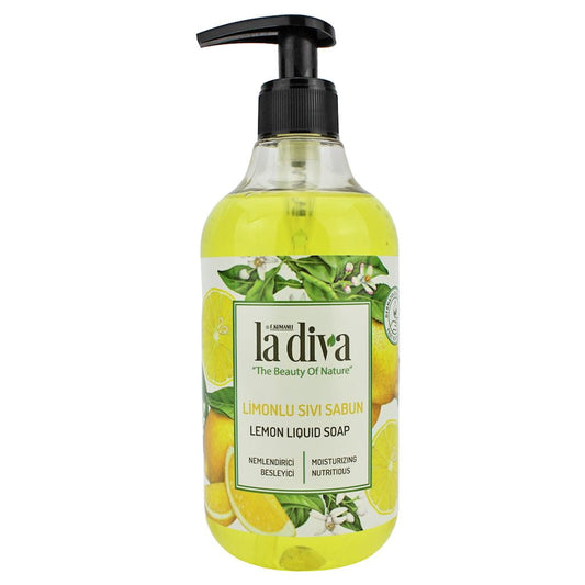 Händedesinfektionsmittel LA DIVA Zitronen-Handschaum, 500 ml Flasche mit gelber Zitronen-Design.