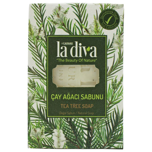 Herkunftsseife Baum-Herbaceous von LA DIVA in 100 g, mit natürlichen Kräuter- und Baumextrakten, auf weißem Hintergrund.