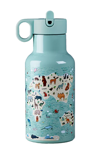 Kinder-Thermoflasche von CHIC-MIC mit Tierkarte, 350 ml, mit zwei Kaffee- und Tiermotiv-Designs, aus Edelstahl für Kinder.