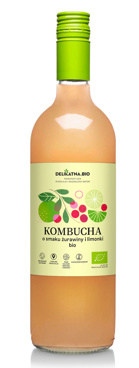 Bio Kombucha mit Preiselbeeren und Limette in 750 ml Flasche von DELIKATNA, erfrischend und fruchtig, sichtbar in der Flasche