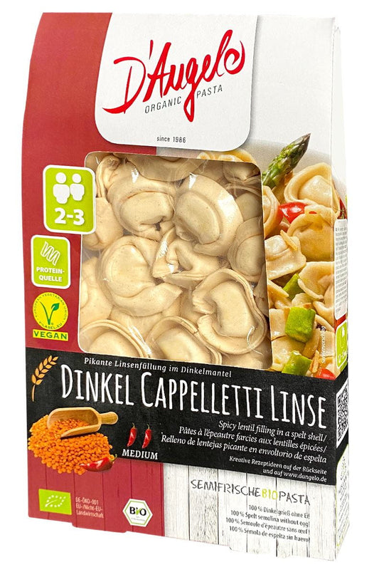 Dinkel-Cappelletti mit Bio-Soße von D'Angelo, 250 g, frische Pasta mit aromatischer Soße, appetitlich angerichtet auf einem Teller