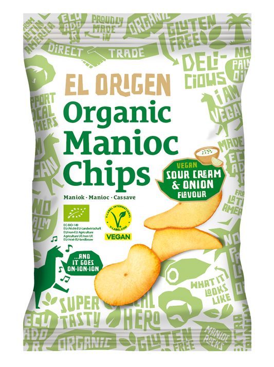 Veganer Quinoa-Chips von EL ORIGEN, Bio-Qualität, in einer transparenten Packung, mit knuspriger Textur und goldener Farbe