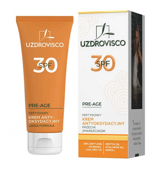 Antioxidantische Peptid-Anti-Falten-Gesichtscreme UZDROVISCO mit SPF 30, 50 ml, glättet Falten und schützt die Haut vor Sonnenlicht.