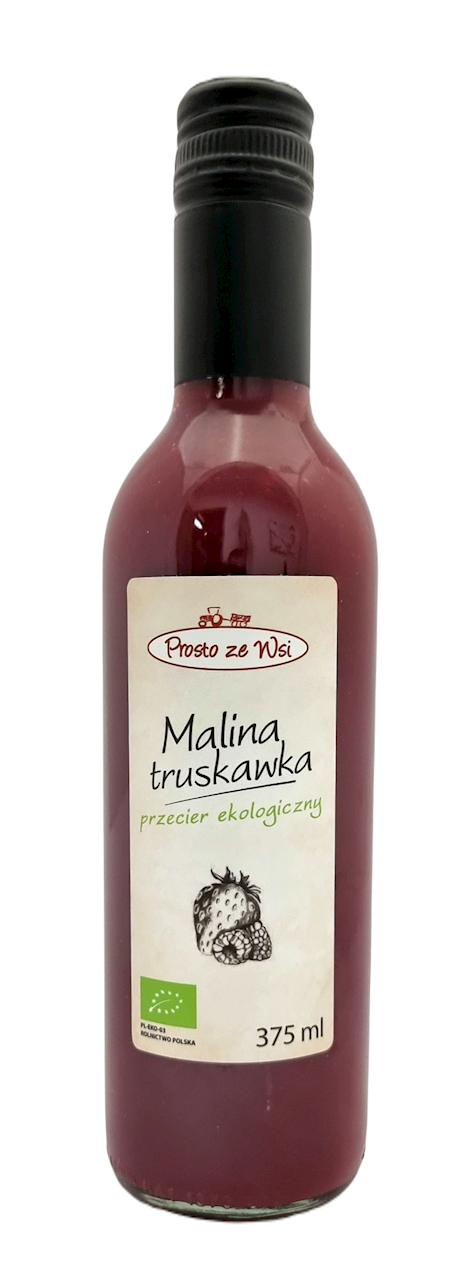 Bio Rosen-Himbeer-Mix Saft in 375ml Flasche von PROSTO ZE WSI, mit fruchtigem Truskawka-Design auf der Verpackung
