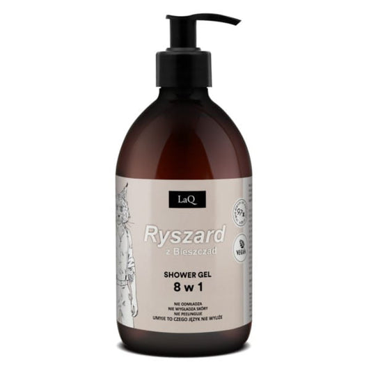 LAQ Richard der Bieszczady Duschgel 8-in-1, 500 ml, cremige Textur mit natürlichen Inhaltsstoffen, zeigt die Flasche vor einem weißen Hintergrund.