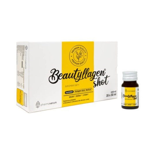 Pharmaverum Beautyllagen Shot mit Kollagen in 15 Flaschen à 30 ml, flüssiges Hautpflege-Serum in Glasflaschen