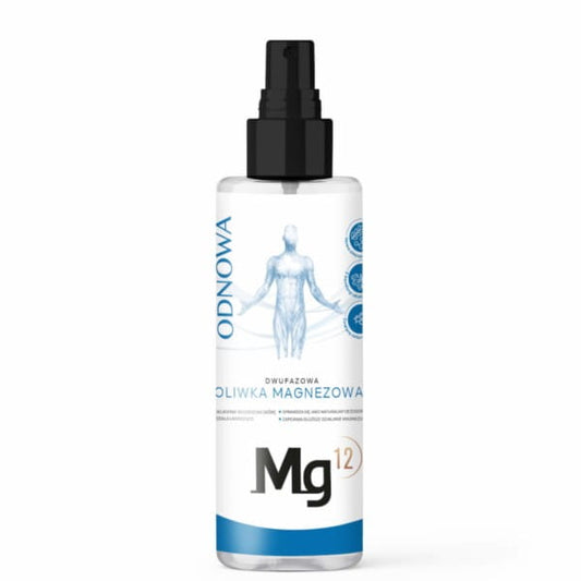 Blaue Flasche mit Magnesium-Öl-Kur aus Kraven Paradax Mg12 Renewal Biphasic Magnesium Olive 200 ml, flüssiges Magnesiumöl.