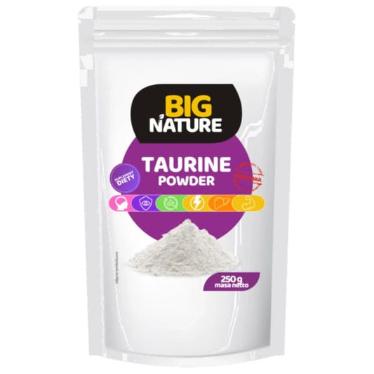 Großes Glas mit Big Nature Taurin-Pulver, 250 g, in einer transparenten Verpackung, zeigt das Kristallpulver innen.