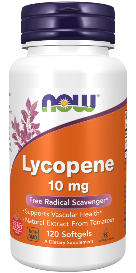 Lycopin-Kapseln von NOW FOODS, 120 Stück, Nahaufnahme der orangefarbenen Kapseln in einer Packung.