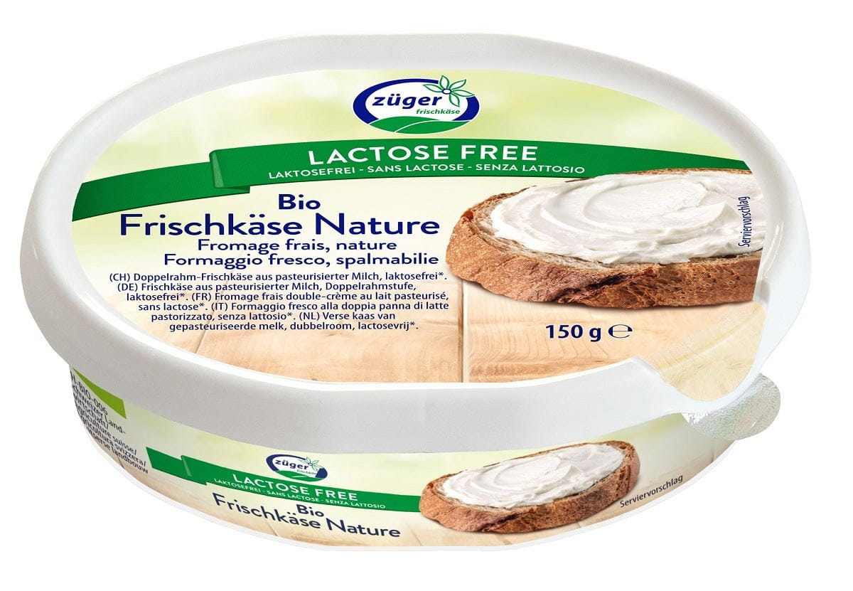 Laktosereduzierter Bio-Frischkäse von ZUGER in 150 g Packung, cremige Textur, frische und gesunde Milchprodukt.