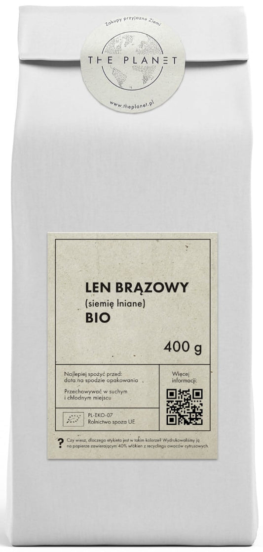 Brauner Flachs (Leinsamen) BIO von THE PLANET in 400 g Verpackung, Nahaufnahme der Leinsamen in einer offenen Packung