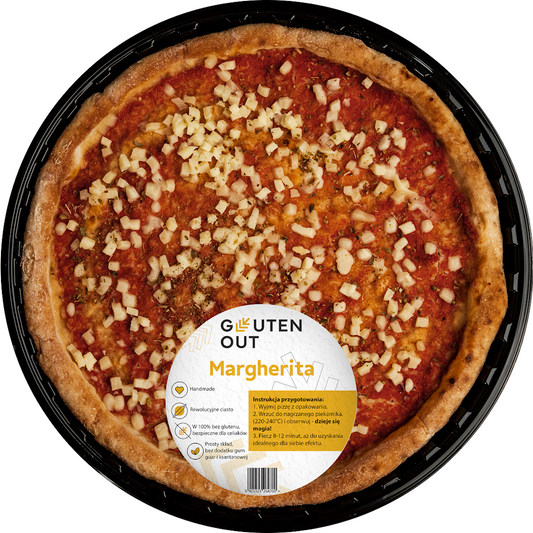 Glutenfreie Margherita Pizza von GLUTEN OUT, 320 g, mit Tomaten, Käse und Basilikum auf knusprigem Teig.