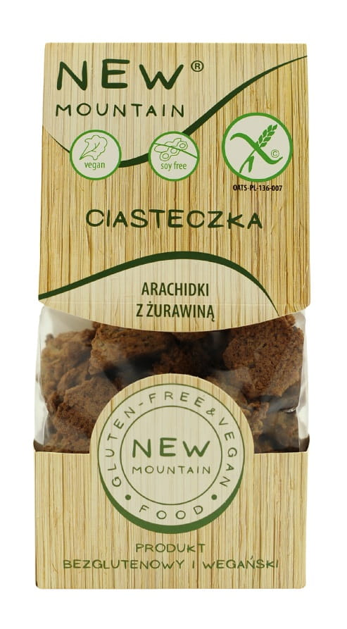 Glutenfreie Kekse mit Erdnussbutter und Cranberrys von NEW MOUNTAIN, 220 g, frisch und knackig auf einem Teller.