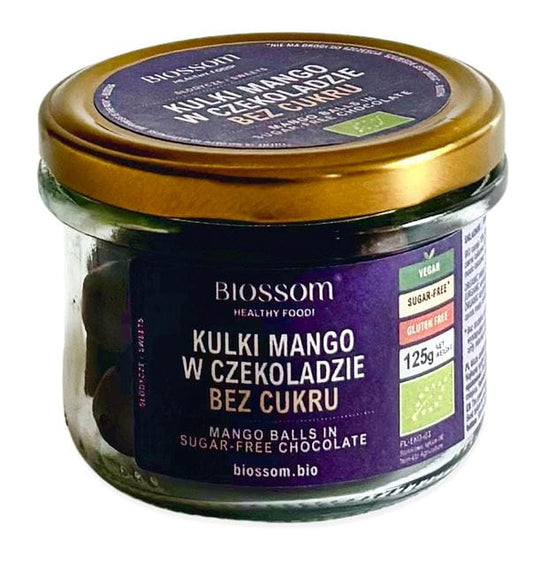 Zuckerfreie Schokoladen-Mango-Kugeln von BIOSSOM, Bio-Qualität, fruchtige Süßigkeiten, 125 g, detailreiche Nahaufnahme