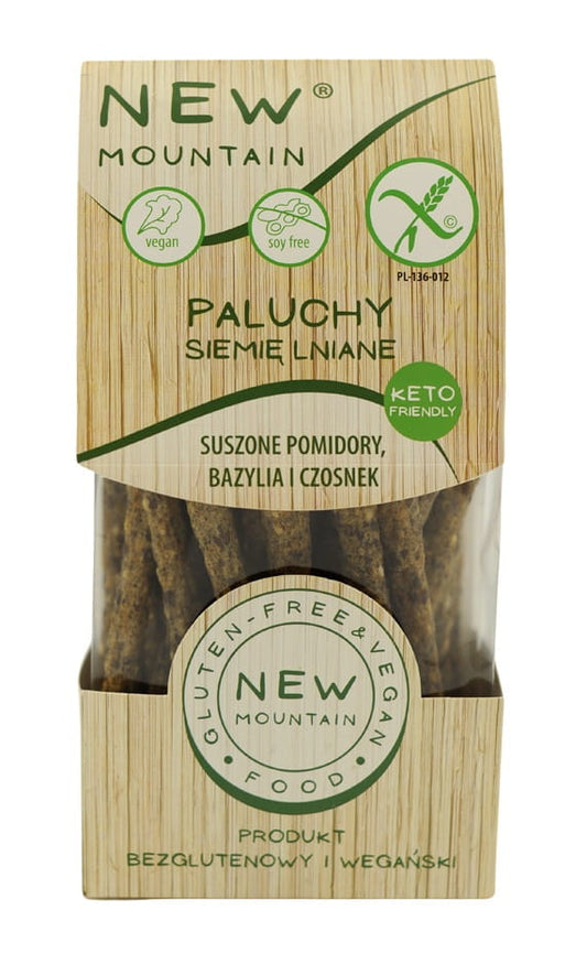 GLUTENFREIE BRÖTCHEN MIT LEINSAMEN, TOMATEN, KNOBLAUCH UND BASILIKUM 200 g – NEW MOUNTAIN MHD: 09-2026