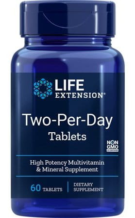 Zwei-Per-Day Multivitamin von Life Extension, 60 Tabletten, Nahaufnahme der Verpackung und Tabletten auf weißem Hintergrund